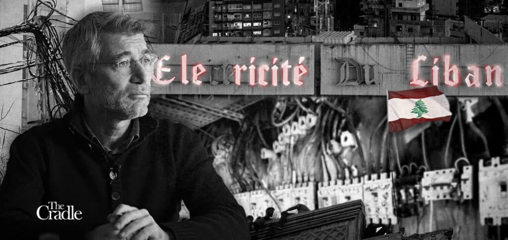 Lebanese Energy Minister Walid Fayyad, with the Lebanese national electricity company in the background. Photo: The Cradle.