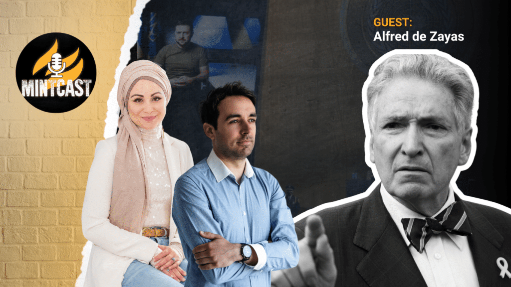 MintCast thumbnail art featuring Mnar Adley (left), Alan MacLeod (center) and Alfred de Zayas (right). Photo: MintPress News.