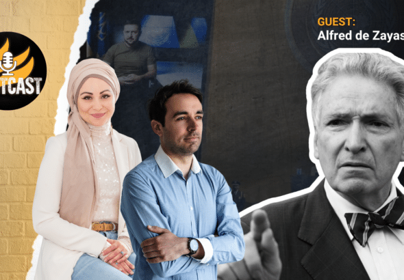 MintCast thumbnail art featuring Mnar Adley (left), Alan MacLeod (center) and Alfred de Zayas (right). Photo: MintPress News.