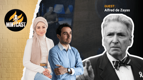 MintCast thumbnail art featuring Mnar Adley (left), Alan MacLeod (center) and Alfred de Zayas (right). Photo: MintPress News.