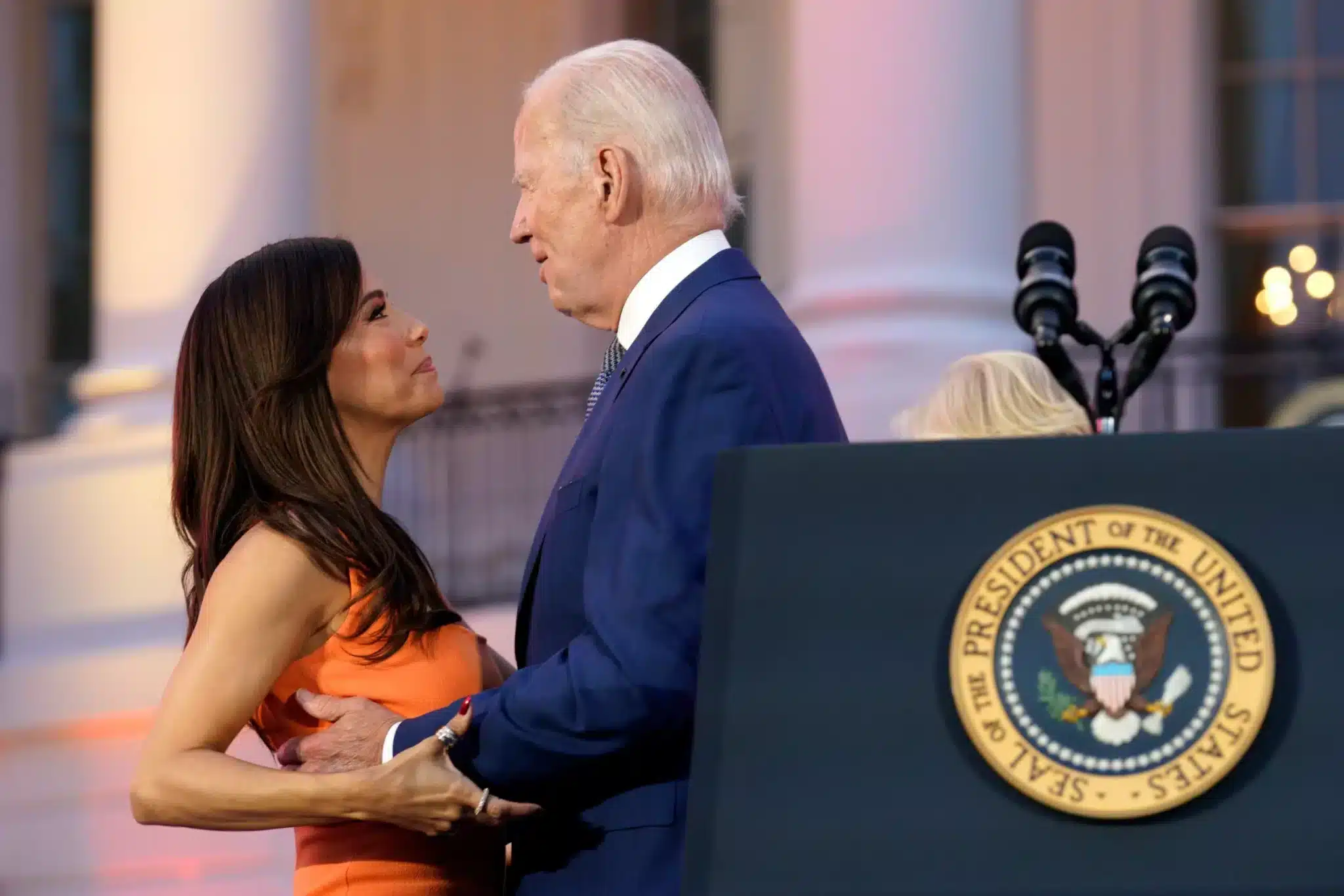 US President Joe Biden with his hand too close to Eva Longoria's breast during an event in the White House on Friday, June 16 2023. Photo: Shutterstock.