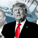 Photo composition showing, from left to right, Alvin Bragg, Donald Trump and Cyrus Vance with the New York City Trump Tower. Photo: Financial Times.