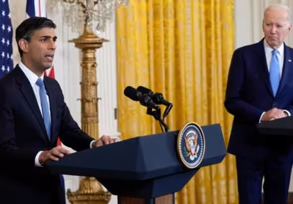 President Joe Biden listens as British Prime Minister Rishi Sunak speaks during a news conference at the White House in Washington, June 8, 2023. Photo: Susan Walsh/AP.