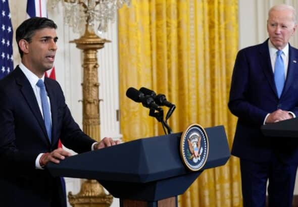 President Joe Biden listens as British Prime Minister Rishi Sunak speaks during a news conference at the White House in Washington, June 8, 2023. Photo: Susan Walsh/AP.