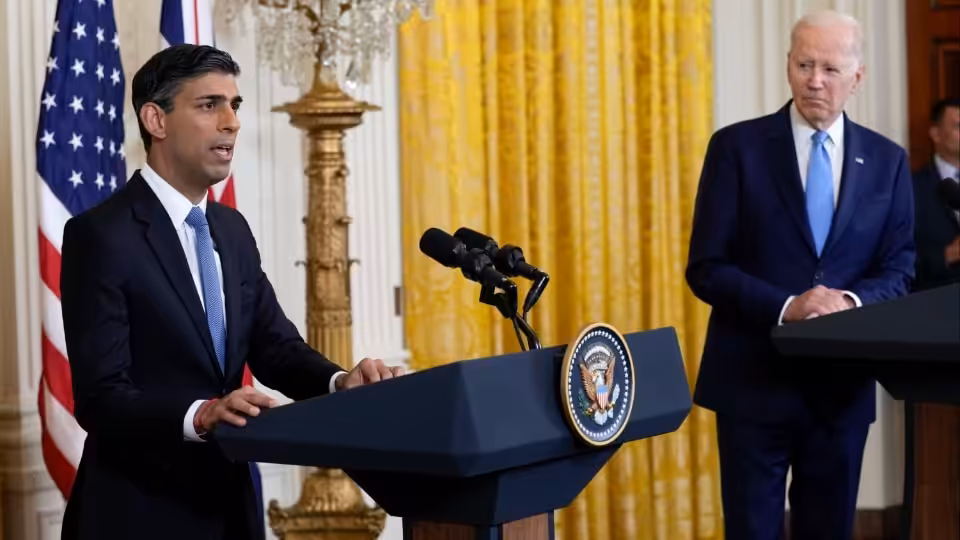 President Joe Biden listens as British Prime Minister Rishi Sunak speaks during a news conference at the White House in Washington, June 8, 2023. Photo: Susan Walsh/AP.