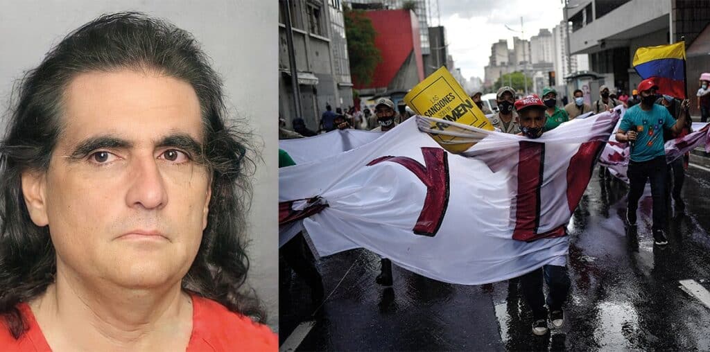 Alex Saab, after his arrest in Florida, October 16 2021 (left) and (right) Venezuelans protest at US sanctions imposed on them during the Covid crisis, May 2021. Photo: Morning Star/file photo.