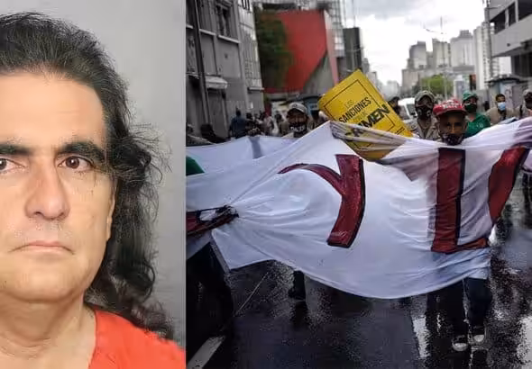 Alex Saab, after his arrest in Florida, October 16 2021 (left) and (right) Venezuelans protest at US sanctions imposed on them during the Covid crisis, May 2021. Photo: Morning Star/file photo.