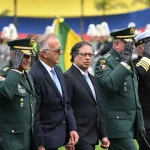 Colombian President Gustavo Petro and Minister of Defense Iván Velásquez walk alongside members of the armed forces during the inauguration of General William Salamanca as the new director of the police, in Bogotá, on May 9, 2023. Photo: Raul Arboleda/AFP.