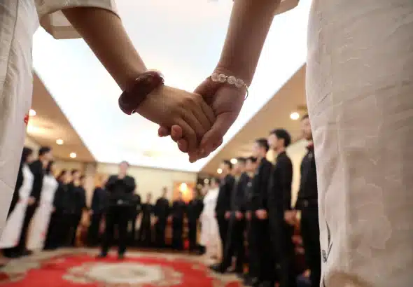 A Beijing-based choir comprising members of the LGBT community prepares backstage before a concert during Shanghai’s Pride celebrations in June 2018. Photo: Simon Song.
