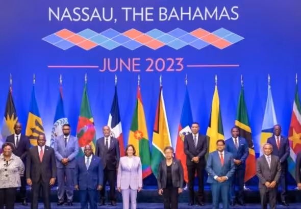 Group photo of the CARICOM heads of government with US Vice President Kamala Harris after the summit in Bahamas. Photo: CARICOM.