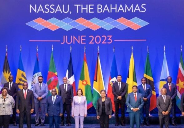 Group photo of the CARICOM heads of government with US Vice President Kamala Harris after the summit in Bahamas. Photo: CARICOM.