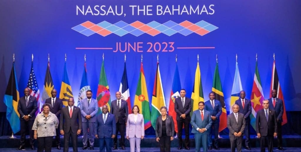 Group photo of the CARICOM heads of government with US Vice President Kamala Harris after the summit in Bahamas. Photo: CARICOM.