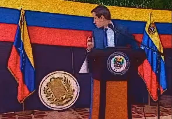 Stylized screenshot of an awkward moment during Juan Guaidó's so-called "interim presidency," when an improvised Venezuelan coat of arms fell while in the middle of one of his unintelligible speeches. Photo: Venezuelanalysis.com/File photo.