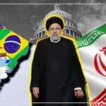 President Ebrahim Raisi, President of Iran, over a graphic depicting the Iranian flag and a map of Latin America. Photo: Press TV.
