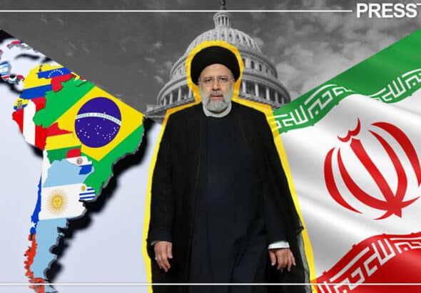 President Ebrahim Raisi, President of Iran, over a graphic depicting the Iranian flag and a map of Latin America. Photo: Press TV.