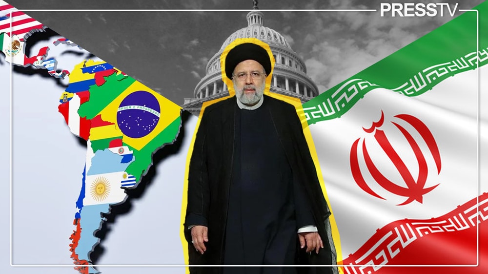 President Ebrahim Raisi, President of Iran, over a graphic depicting the Iranian flag and a map of Latin America. Photo: Press TV.