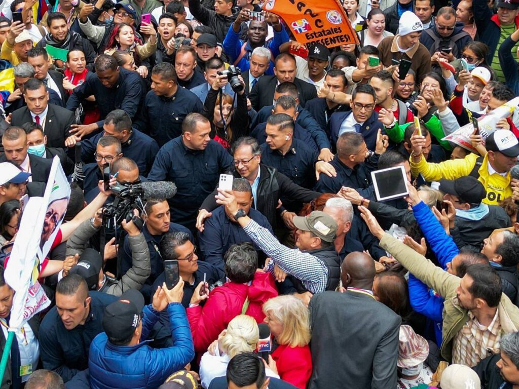 Colombian President Gustavo Petro walking through the mass demonstrations in Bogotá supporting his government, Wednesday, June 7, 2023. Photo: Twitter/@infopresidencia.
