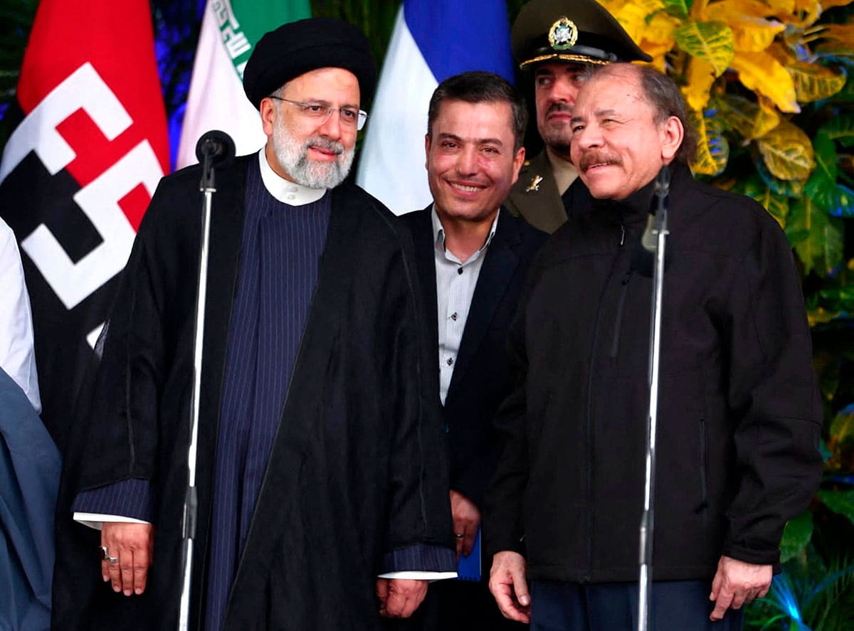 Iranian President Ebrahim Raisi (left) and Nicaraguan President Daniel Ortega (right) during their meeting in Managua, the capital of Nicaragua, on Tuesday, June 13, 2023.