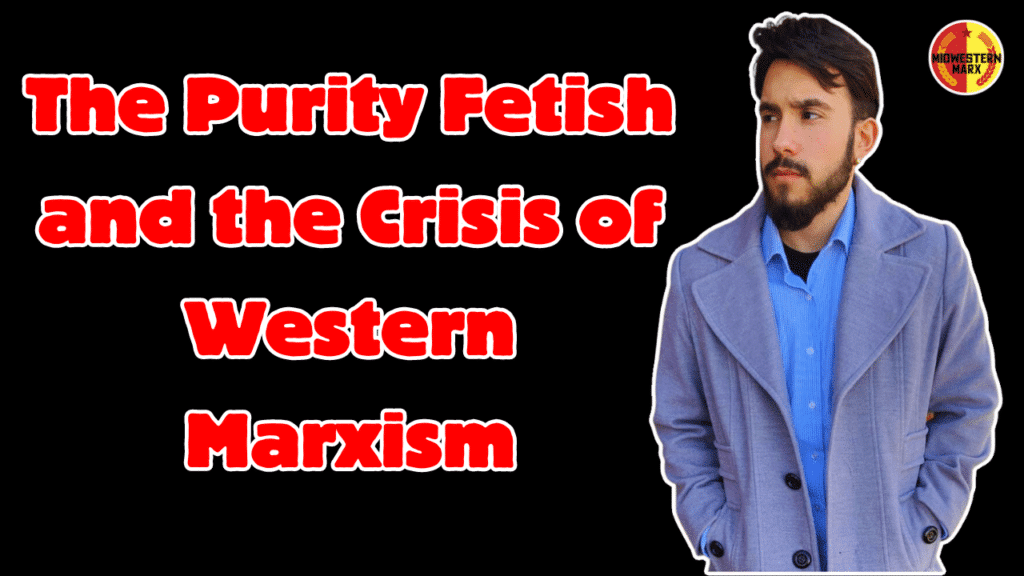 Photo of Carlos Garrido (right) next to a caption with the title of his book "The Purity Fetish and the Crisis of Western Marxism." Photo: Midwestern Marx.