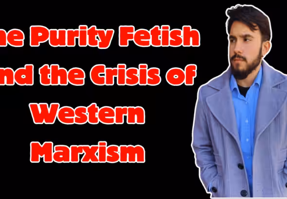 Photo of Carlos Garrido (right) next to a caption with the title of his book "The Purity Fetish and the Crisis of Western Marxism." Photo: Midwestern Marx.