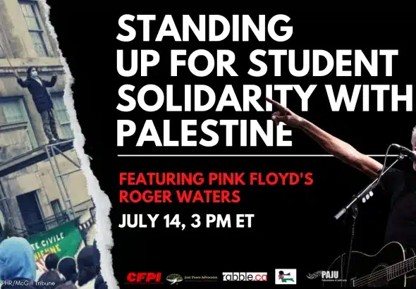 Photo composition portraying a student on a protest holding the Palestinian flag (left), Roger Water (right) and the caption “Standing up for student solidarity with Palestine. Photo: YvesEngler.com.
