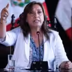 De facto president of Peru Dina Boluarte speaking during a conference at the Government Palace in Lima in late 2022. Photo: Lucas Aguayo/AFP/Getty Images.