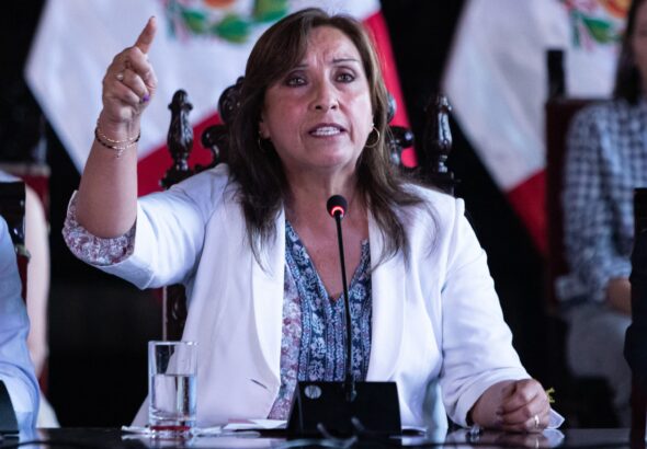De facto president of Peru Dina Boluarte speaking during a conference at the Government Palace in Lima in late 2022. Photo: Lucas Aguayo/AFP/Getty Images.