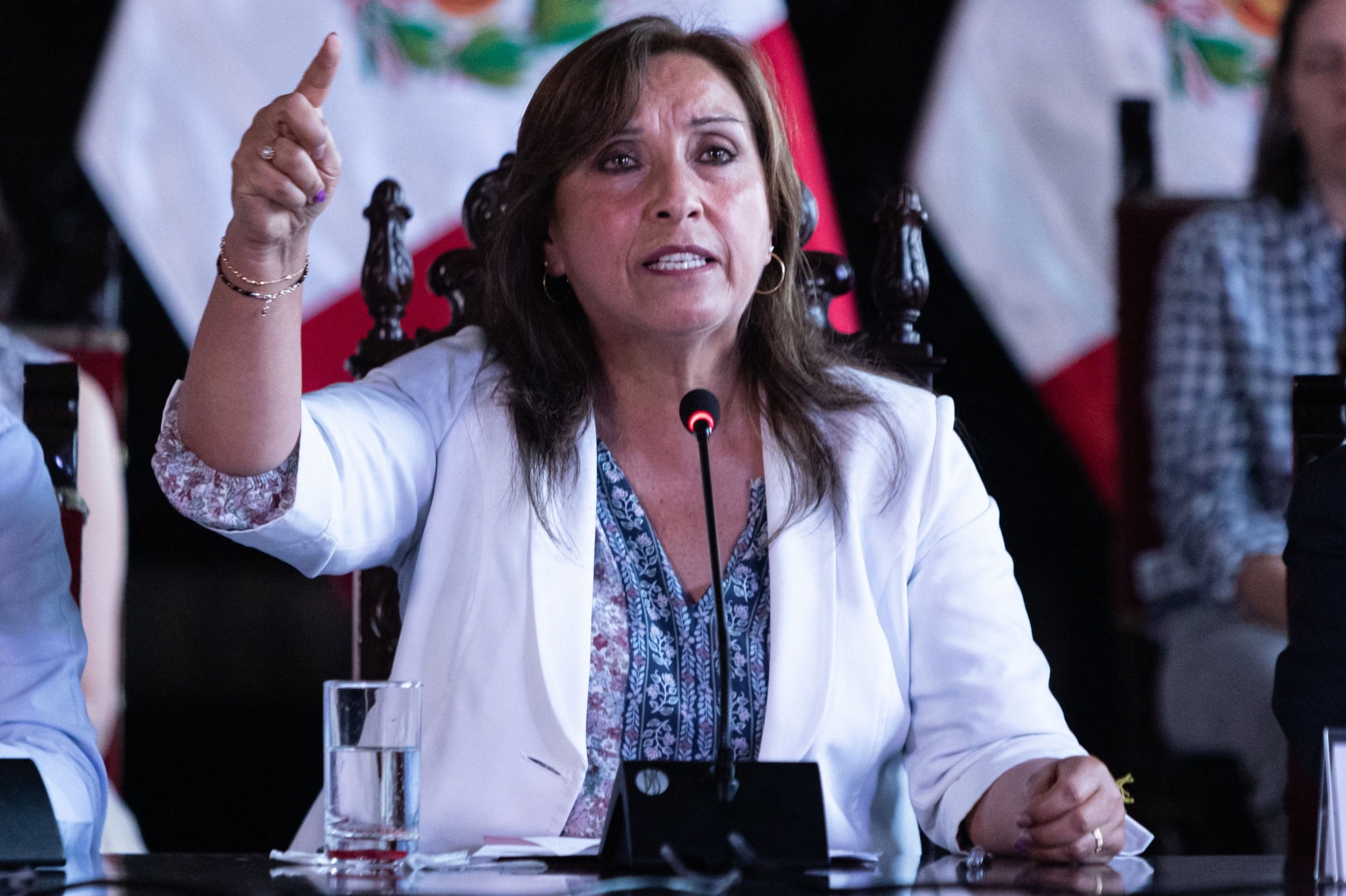 De facto president of Peru Dina Boluarte speaking during a conference at the Government Palace in Lima in late 2022. Photo: Lucas Aguayo/AFP/Getty Images.