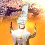 Palestinian worshiper, seen from behind, while praying, in the background an aerial view of the Al-Aqsa Mosque within an outline of Palestine. Photo: Al-Mayadeen.