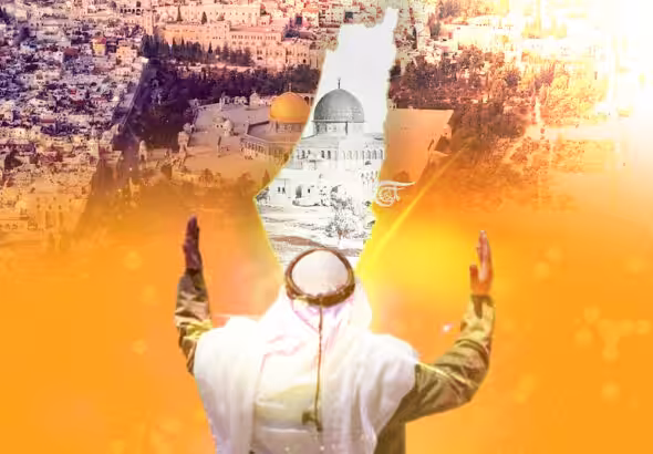 Palestinian worshiper, seen from behind, while praying, in the background an aerial view of the Al-Aqsa Mosque within an outline of Palestine. Photo: Al-Mayadeen.