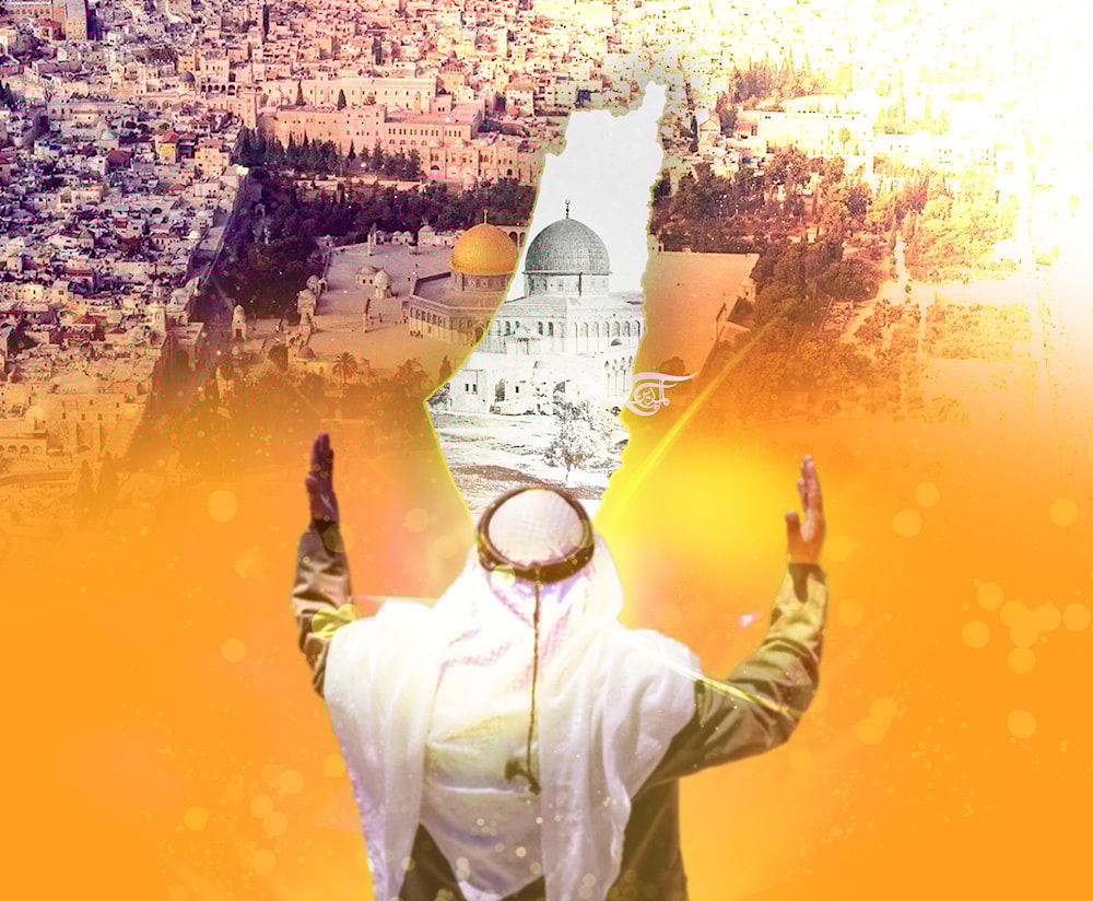 Palestinian worshiper, seen from behind, while praying, in the background an aerial view of the Al-Aqsa Mosque within an outline of Palestine. Photo: Al-Mayadeen.