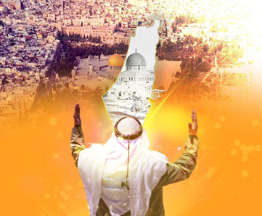 Palestinian worshiper, seen from behind, while praying, in the background an aerial view of the Al-Aqsa Mosque within an outline of Palestine. Photo: Al-Mayadeen.