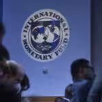 The International Monetary Fund (IMF) logo is seen in Washington D.C., United States on April 11, 2023. Photo: Celal Gunes/Anadolu Agency/Getty Images.