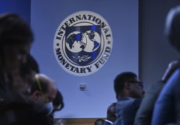 The International Monetary Fund (IMF) logo is seen in Washington D.C., United States on April 11, 2023. Photo: Celal Gunes/Anadolu Agency/Getty Images.