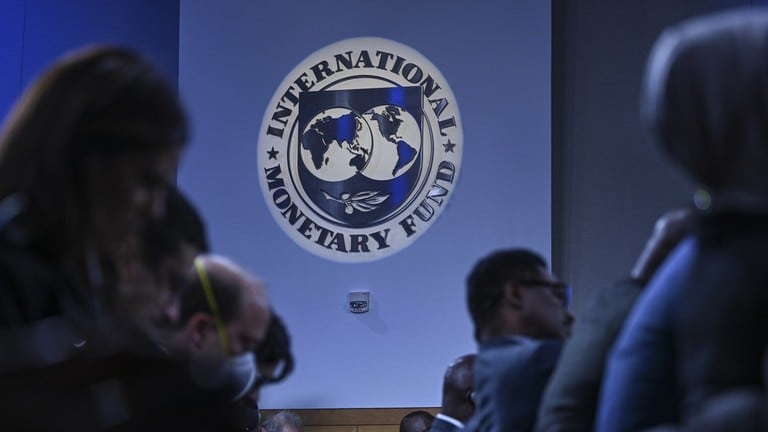 The International Monetary Fund (IMF) logo is seen in Washington D.C., United States on April 11, 2023. Photo: Celal Gunes/Anadolu Agency/Getty Images.