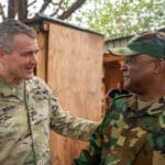 Lt. Gen. Johnathan Braga, U.S. Army Special Operations commander, meets with Brig. Gen. Moussa Barmou, Niger Special Operations Forces commander, at Air Base 101, in Niger, on June 12, 2023. Photo: Amy Younger/US Air Force.
