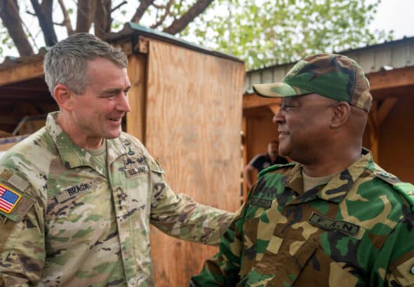 Lt. Gen. Johnathan Braga, U.S. Army Special Operations commander, meets with Brig. Gen. Moussa Barmou, Niger Special Operations Forces commander, at Air Base 101, in Niger, on June 12, 2023. Photo: Amy Younger/US Air Force.