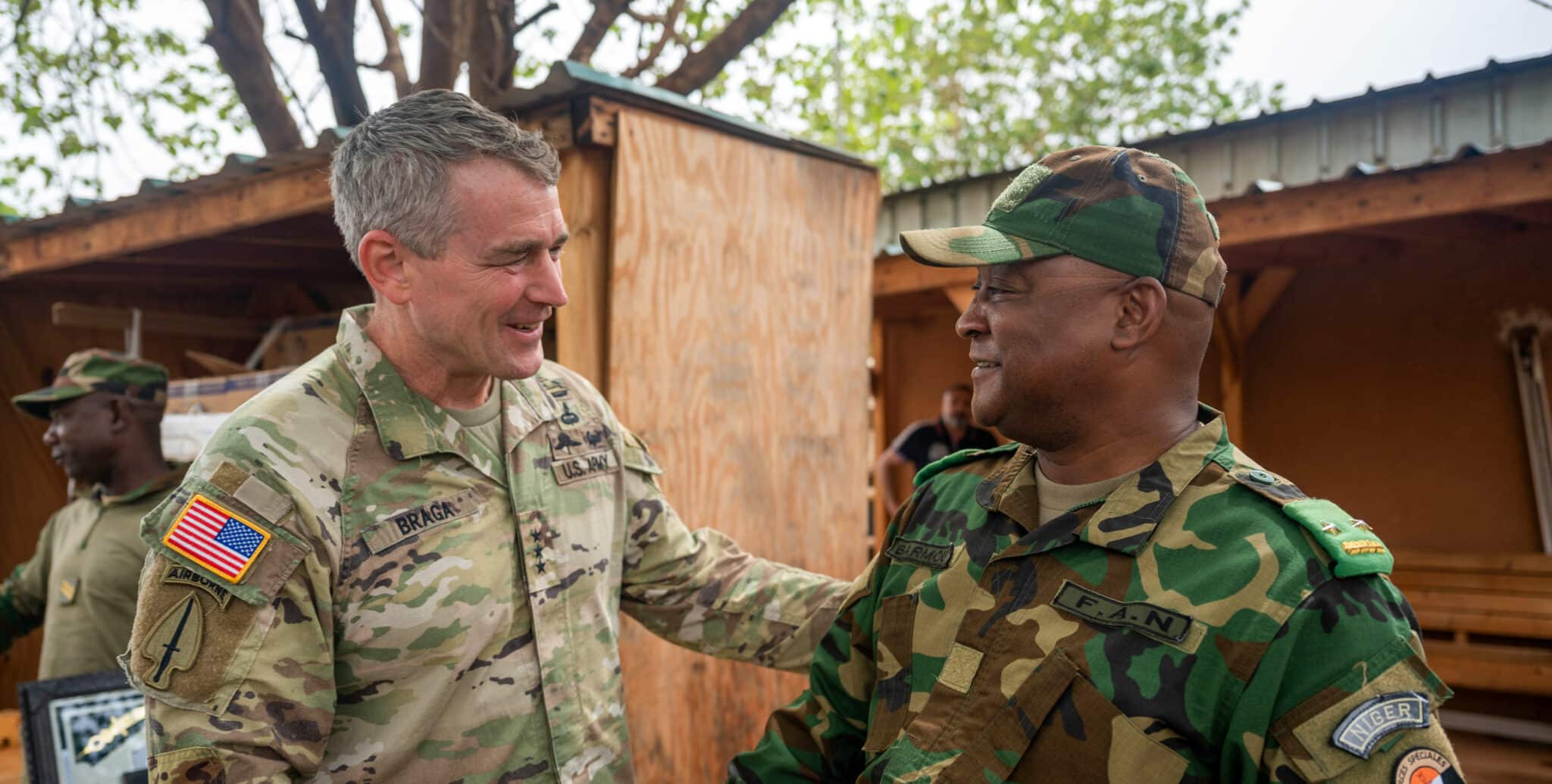 Lt. Gen. Johnathan Braga, U.S. Army Special Operations commander, meets with Brig. Gen. Moussa Barmou, Niger Special Operations Forces commander, at Air Base 101, in Niger, on June 12, 2023. Photo: Amy Younger/US Air Force.