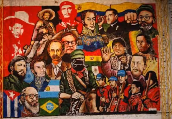 Painting composition with flags and faces of Latin American heroes, leaders, and defenders of the idea of the Patria Grande. Photo: Liceo del Sur/File photo.