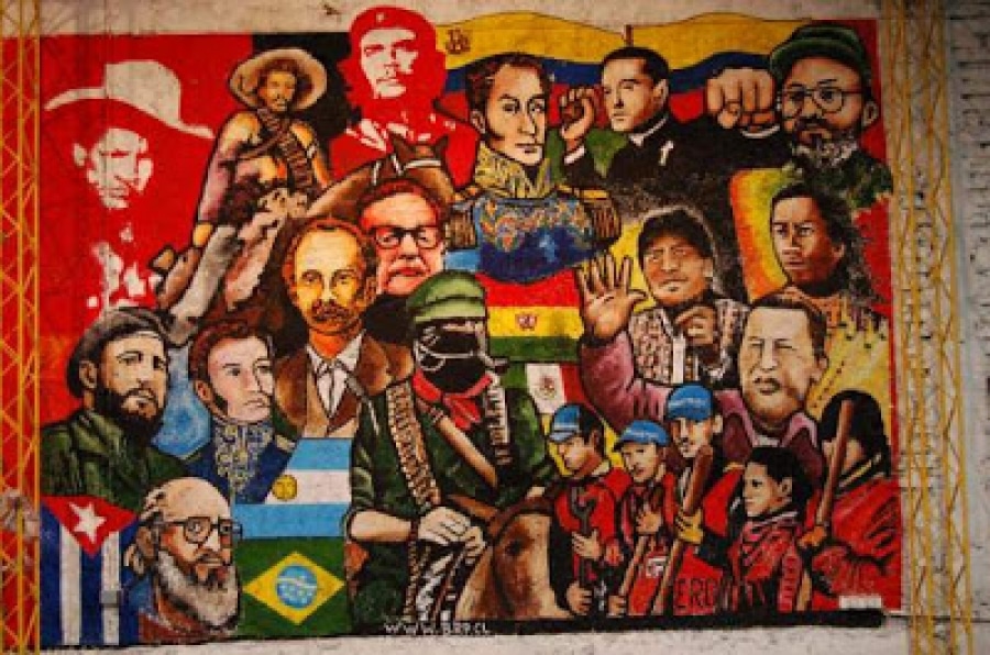 Painting composition with flags and faces of Latin American heroes, leaders, and defenders of the idea of the Patria Grande. Photo: Liceo del Sur/File photo.