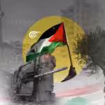 Photo composition with symbols of Palestine and Lebanon with a Palestinian flag in the center. Photo: Al-Mayadeen.