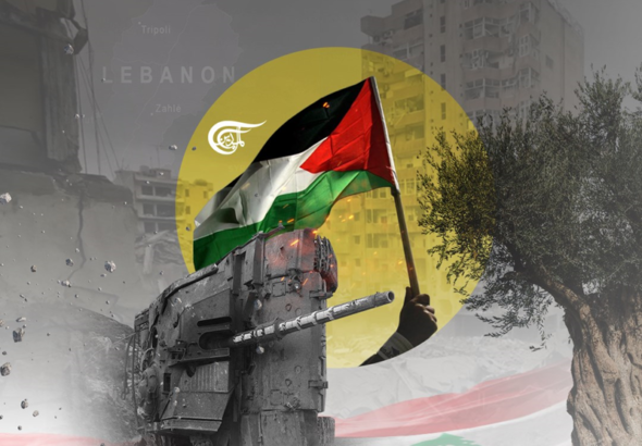 Photo composition with symbols of Palestine and Lebanon with a Palestinian flag in the center. Photo: Al-Mayadeen.