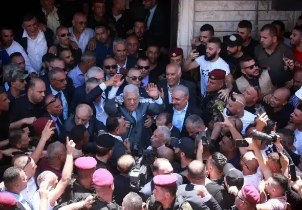 Palestinian President Mahmoud Abbas addresses to the crowd during his visit to Jenin Refugee Camp, West Bank on July 12, 2023. Photo: Issam Rimawi/Anadolu Agency.
