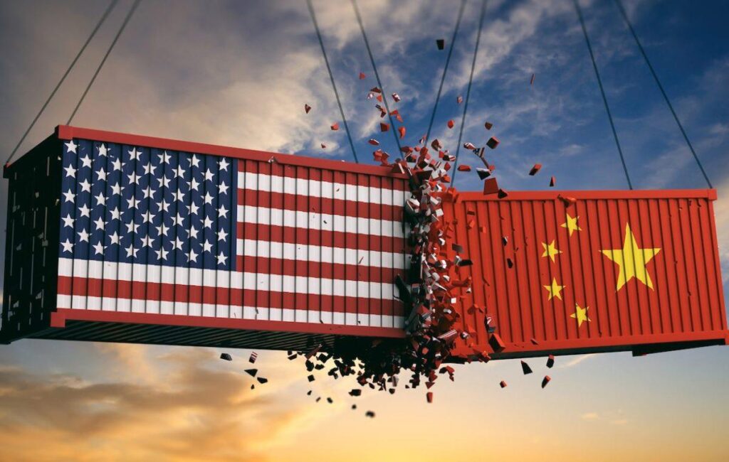 Graphic depicting the collision of China and US transport crates. Photo: Adobe Stock.