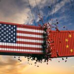 Graphic depicting the collision of China and US transport crates. Photo: Adobe Stock.