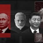 (From left to right) Brazilian President Lula da Silva, Russian President Vladimir Putin, Indian Prime Minister Narendra Modi, Chinese President Xi Jinping, and South African President Cyril Ramaphosa. Photo: The Cradle.