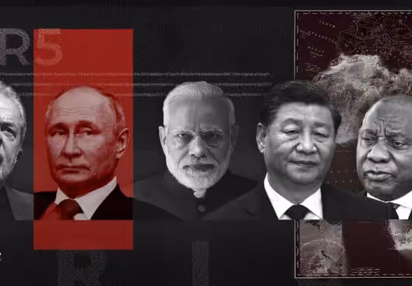 (From left to right) Brazilian President Lula da Silva, Russian President Vladimir Putin, Indian Prime Minister Narendra Modi, Chinese President Xi Jinping, and South African President Cyril Ramaphosa. Photo: The Cradle.