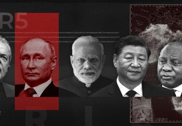 (From left to right) Brazilian President Lula da Silva, Russian President Vladimir Putin, Indian Prime Minister Narendra Modi, Chinese President Xi Jinping, and South African President Cyril Ramaphosa. Photo: The Cradle.
