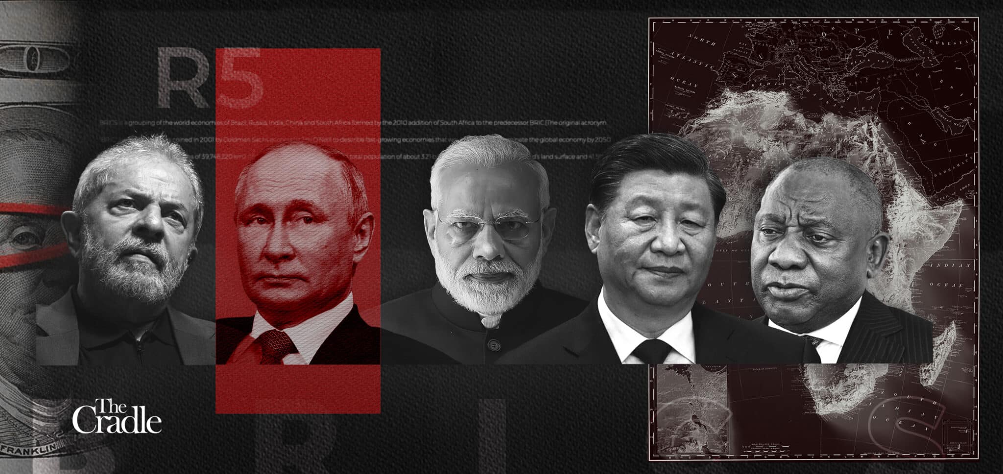 (From left to right) Brazilian President Lula da Silva, Russian President Vladimir Putin, Indian Prime Minister Narendra Modi, Chinese President Xi Jinping, and South African President Cyril Ramaphosa. Photo: The Cradle.