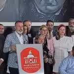 Venezuelan National Assembly Deputy José Gregorio Correa (center), vice president of the Electoral Nominations Committee, accompanied by other members of the committee, speaks to the press about the National Electoral Council rectors election. Photo: Twitter/@Asamblea_Ven.